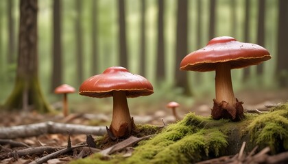 Fototapeta premium Reishi mushroom Ganoderma lucidum behind blurred forest background