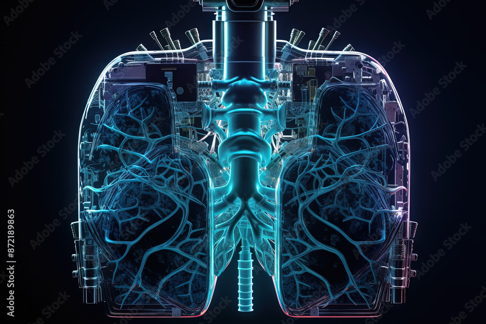Poster Artificial implant science concept with technological AI lungs on the circuit board.