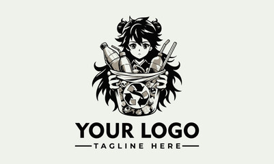 Anime Save the Earth from Plastic Waste Vector Logo Symbolize Eco-Consciousness, Environmental Stewardship, and the Spirit of Anime