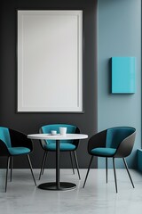 Contemporary office space with sleek black furniture, bright blue accents, and a blank white frame on a light grey wall.
