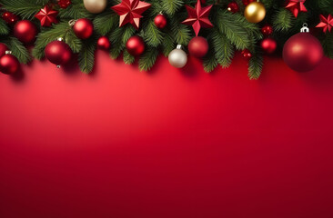 Christmas red background with balls, stars and branches of a Christmas tree, located at the top, plenty of free space for text. A festive winter backdrop for your business.