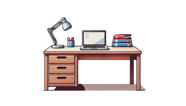 A illustration of an office desk setup on a transparent background. The desk has a wooden finish with three drawers on one side