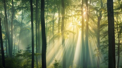 Obraz premium Misty forest at sunrise with sunbeams filtering through the trees, serene atmosphere, soft light