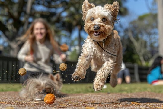 Full body photo of Caucasian woman dog trainer showcasing dog's learned tricks using clicker and treats at park.