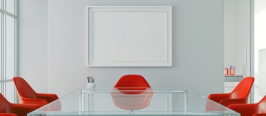 Contemporary office space with a sleek glass desk, bright red chairs, and a blank white frame on a light grey wall in a  layout.