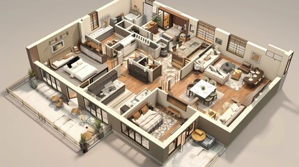 It has a typical layout for a suburban family home, with multiple bedrooms, bathrooms, a living room, a kitchen, and other common areas 