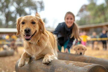 Action shot of Caucasian female pet sitter guiding dogs through agility training exercises in the park.