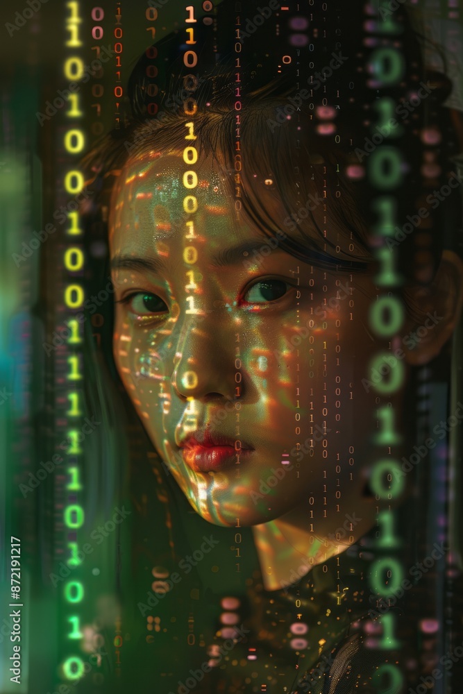Poster asian girl with a background of binary code, representing the digital age.