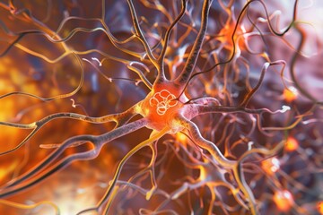 Detailed image of neuron activity, neuroscience research, photo-realistic, high detail, lab setting, clear lighting
