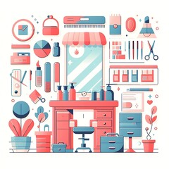 Interior beauty salon, barber shop, hair salon, flat cartoon style, graphic illustration image generative ai