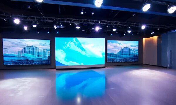 A virtual background on the screen in a TV studio is an innovative solution that allows you to easily replace the background during production.