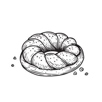 Hand drawn sketch style bread. Russian, East European braided bread Kalach. Best for bakery designs. Vector illustration in retro style isolated on white.