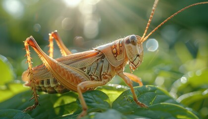 Fototapeta premium A grasshopper sits on a leaf. AI.