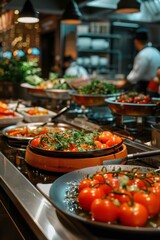 Obraz premium Gourmet Tomato Dishes in Modern Restaurant Kitchen - Fresh, High-Quality Ingredients for Print Design