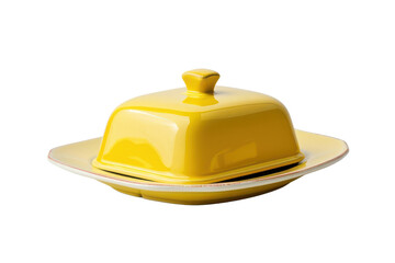 Bright yellow ceramic butter dish with lid on white background. Perfect for serving butter or margarine at the breakfast table.