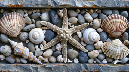 A variety of seashells and a starfish displayed on a stone background. AI.