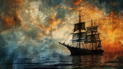 Sailing ship against a dramatic sunset on the oceanic horizon.