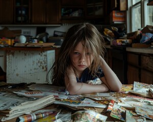 Fototapeta premium A girl sits at a table covered in clutter, looking sad and thoughtful. AI.