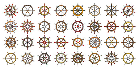 Wooden vintage steering wheels. Ship, sailboat or yacht retro wheel symbol. Colorful nautical rudder icon. Marine logotype design element. Vector illustration © 32 pixels