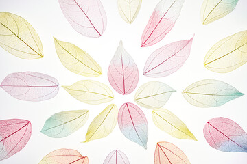 Mandala pattern made of multicolor, transparent leaves skeleton with a beautiful texture. Pastel color leaves background texture. Selective focus. copy space. Season concept