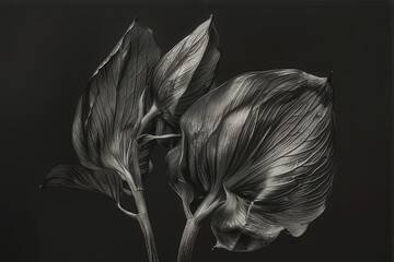 Black and white photography of plants. Leaves, petals. on a black background.