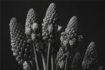 Black and white photography of plants. Leaves, petals. on a black background.