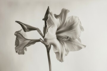 Black and white photography of plants. Leaves, petals. on a white background. Amarylis