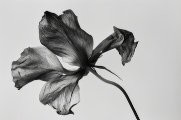 Black and white photography of plants. Leaves, petals. on a white background. Dried open bud