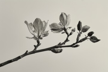 Black and white photography of plants. Leaves, petals. Magnolia on a white background.