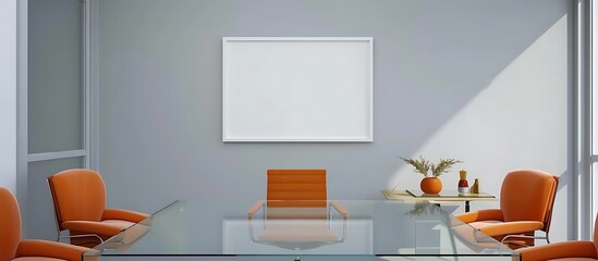 Contemporary office with a sleek glass desk, vibrant orange chairs, and a blank white frame on a light grey wall in a  orientation.