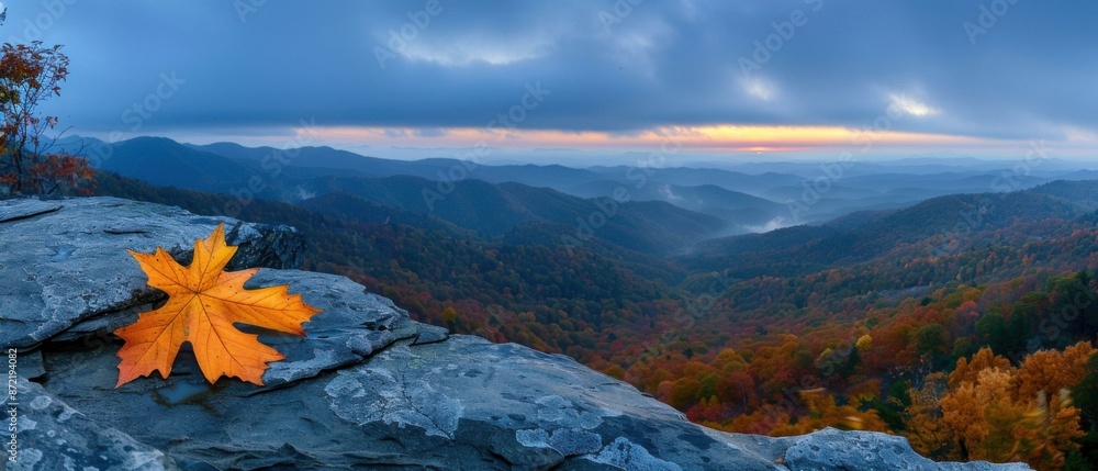 Wall mural A beautiful landscape image of a mountain range with a single yellow leaf resting on a rock in the foreground. AI.