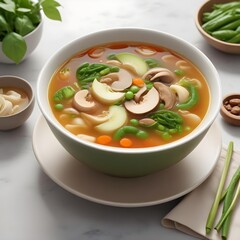 Chinese vegetable soup, with a medley of crisp vegetables such as snow peas, shiitake mushrooms, and bok choy suspended in a clear, aromatic broth
