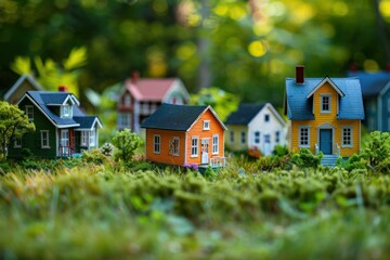A close-up image of a miniature village with colorful houses and green surroundings. AI.