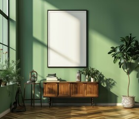 Green living room with plants and a mid-century modern credenza. AI.