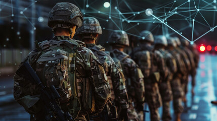 In a military headquarters conference, soldiers interact with AI through advanced holographic communication, enhancing tactical coordination