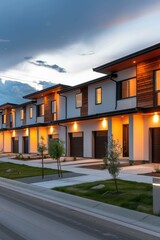 Obraz premium Exterior view of a row of modern townhomes. AI.