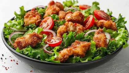 Fototapeta premium Healthy green salad with crispy fried chicken and tomato isolated on white 