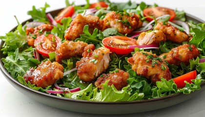 Fototapeta premium Healthy green salad with crispy fried chicken and tomato isolated on white 