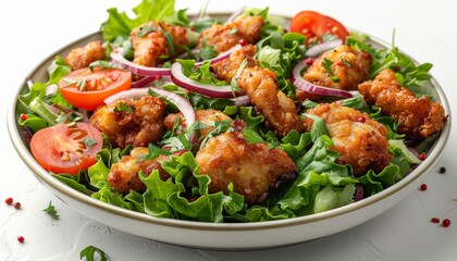 Fototapeta premium Healthy green salad with crispy fried chicken and tomato isolated on white 