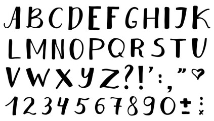 Hand drawn ink lettering font, signs and numbers.