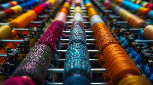 From this closeup view the seemingly endless spools of yarn on the knitting machines creel take on a kaleidoscope of colors a feast for the eyes and imagination.