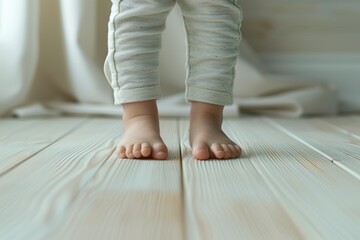 A pair of tiny baby bare feet on a wooden hardwood floor, emphasizing the tender nature of happy childhood moments.
