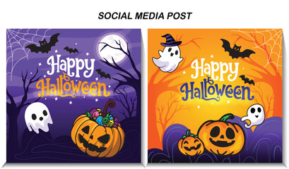 Happy Halloween social media post with pumpkin ghost moon