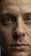 Fototapeta premium Close-up portrait of a young man with blue eyes and freckles. AI.