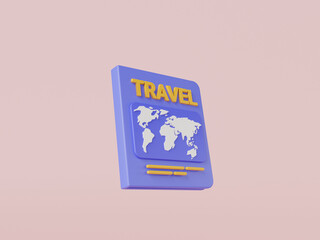 Travel guide location book icon. Map book, Travel journal, World map International, Travel object, Trip planning, Travel to World, Travel transport. Travel and tourism concept. 3d render illustration
