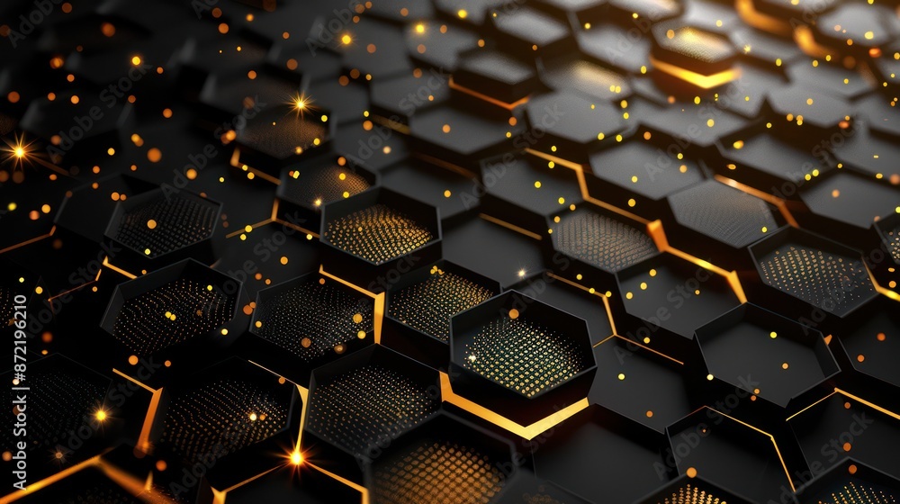 Poster geometric hexagonal pattern with golden light particles, abstract art.