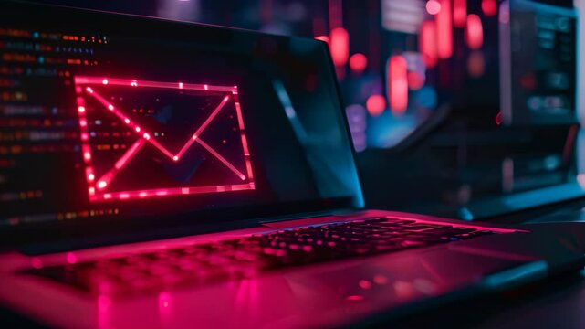 A laptop featuring an email icon on its screen, representing electronic mail communication, Email Security Warning, Potential Phishing Attempts Detected