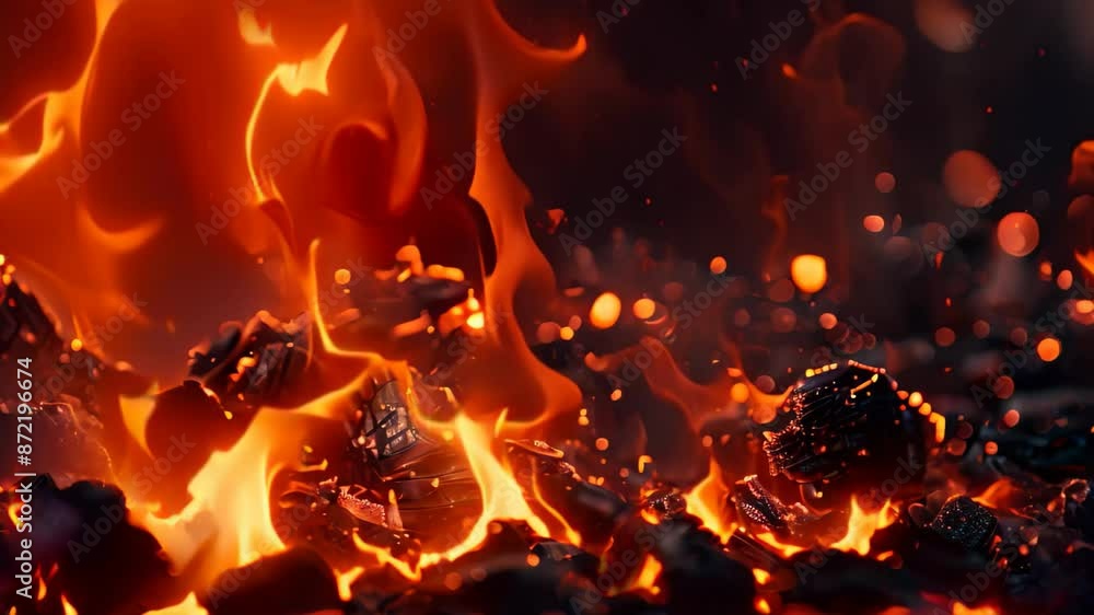 Poster close up view of a roaring fire with swirling flames and floating embers creating a dynamic scene, e