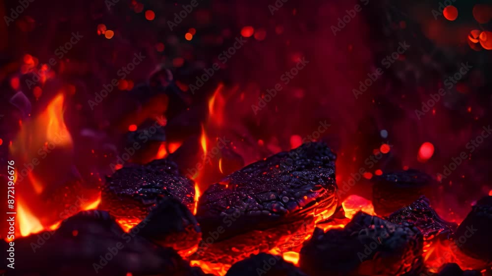 Poster embers float in a fiery atmosphere in a close-up view of intense flames, embers floating effortlessl