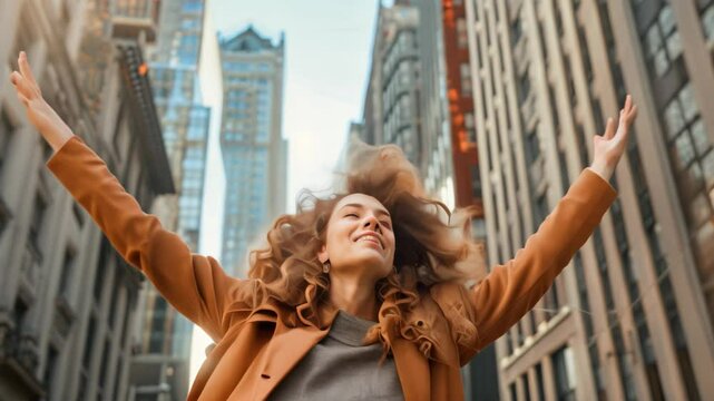 A young woman with curly hair standing on a city street with her arms outstretched, Embrace the excitement of a new chapter in your professional journey